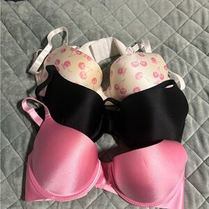 Juicy Couture Cherry Print, Black, and Pink Bra Trio